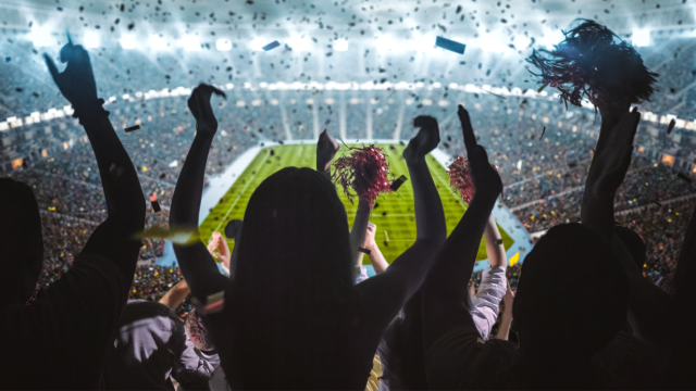 Blick auf ein belebtes Stadion mit jubelnden Zuschauern, Konfetti und Cheerleadern vor einem grünen Spielfeld.