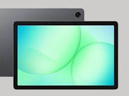 Tablet mit schwarzem Gehäuse und grünem Displayhintergrund