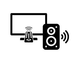 Iconbild von einem Fernseher mit Fernbedienung und eines Lautsprechers
