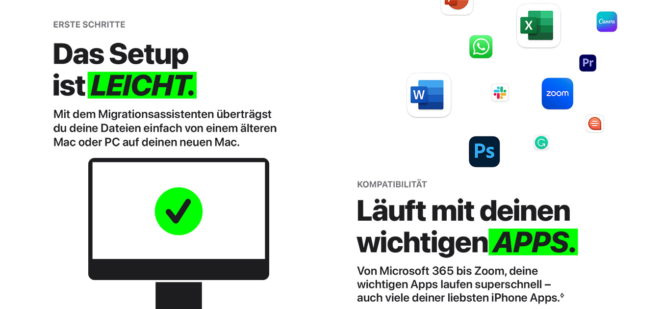 Der Text zeigt einen Computer mit einem grünen Häkchen, Überschriften und App-Logos, darunter Word, Excel, Canva und Zoom.