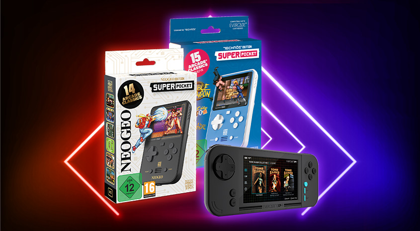 Auf dem Bild sind Videospielkonsolen und ihre Verpackungen vor einem Hintergrund mit Neonlichtern zu sehen.