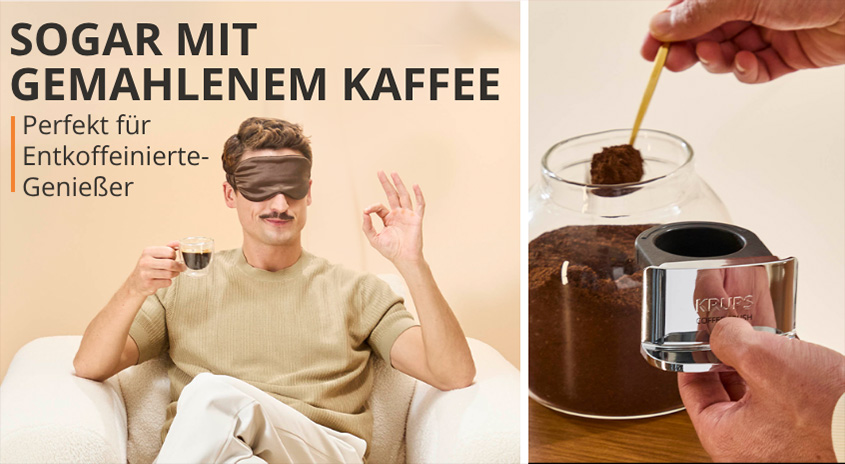 Mann mit Schlafmaske hält Espresso, Kapsel mit gemahlenem Kaffee. SOGAR MIT GEMAHLENEM KAFFEE: Perfekt für Entkoffeinierte-Genießer. Krups