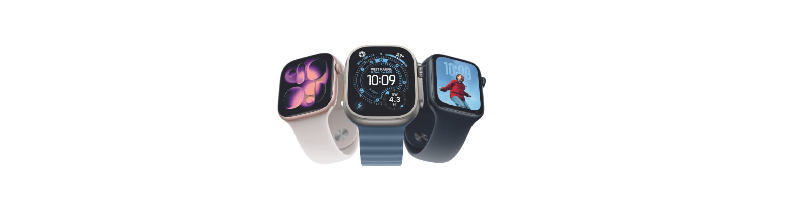 Drei Apple Watches mit verschiedenen Armbändern zeigen unterschiedliche Zifferblätter auf weißem Hintergrund.