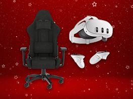 Produktbild eines Gamingsessels und einer VR Brille vor rot-weihnachtlichem Hintergrund.