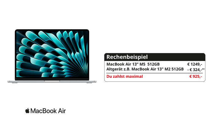 Apple MacBook Air Produktbild. Rechts daneben ein Rechenbeispiel: MacBook Air 13 Zoll mit M5-Chip und 512 GB Speicher für 1.249 Euro; bei Inzahlungnahme eines MacBook Air 13 Zoll mit M2-Chip und 512 GB Speicher 324 Euro Abzug. Maximal zu zahlender Preis: 925 Euro.