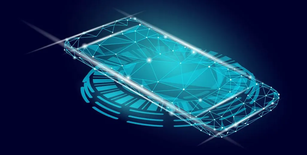Illustration eines Smartphones auf einer digitalen Ladestation im futuristischen Stil.