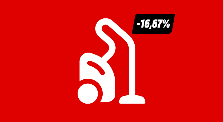 Grafik mit einem weißen Staubsauger auf rotem Hintergrund. Oben rechts steht in einem schwarzen Einklinker die Aussage„-16,67 %“.