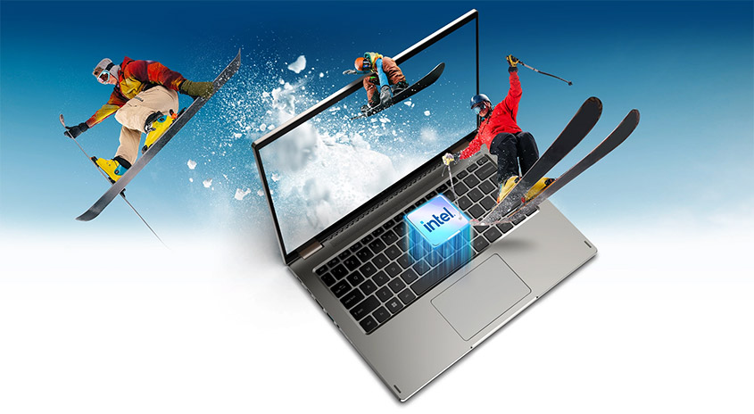 Auf blauem Grund: Skifahrer, Snowboarder und ein Laptop mit Intel-Logo. Die Skifahrer und der Snowboarder scheinen aus dem Laptop zu springen.
