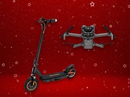 Produktbild eines E-Scooters und einer Drohne vor rot-weihnachtlichem Hintergrund.