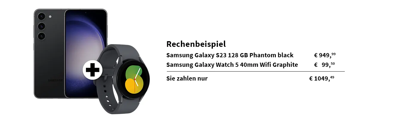 Dargestellt sind ein schwarzes Smartphone, eine graue Smartwatch mit grün-gelbem Display und ein weißes Pluszeichen.