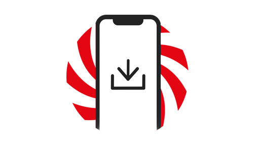 Grafik zeigt Smartphone mit Download-Button und im Hintergrund den MediaMarkt Swirl