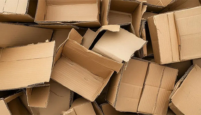 Ein Haufen offener, leerer Kartons in Braun unterschiedlicher Größe, teilweise zerknittert.