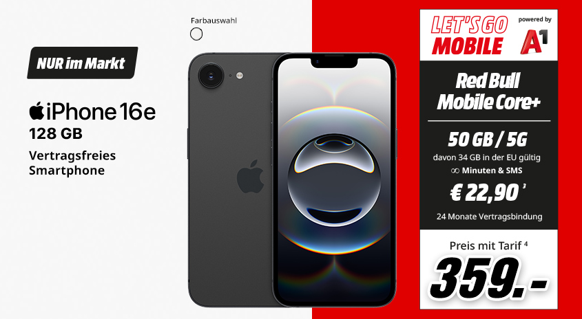 Apple iPhone 16e, 128 GB, verschiedene Farben, vertragsfrei im Markt, mit Let's Go Mobile powered by A1 RedBull Mobile Core+ Tarif um  € 359,-