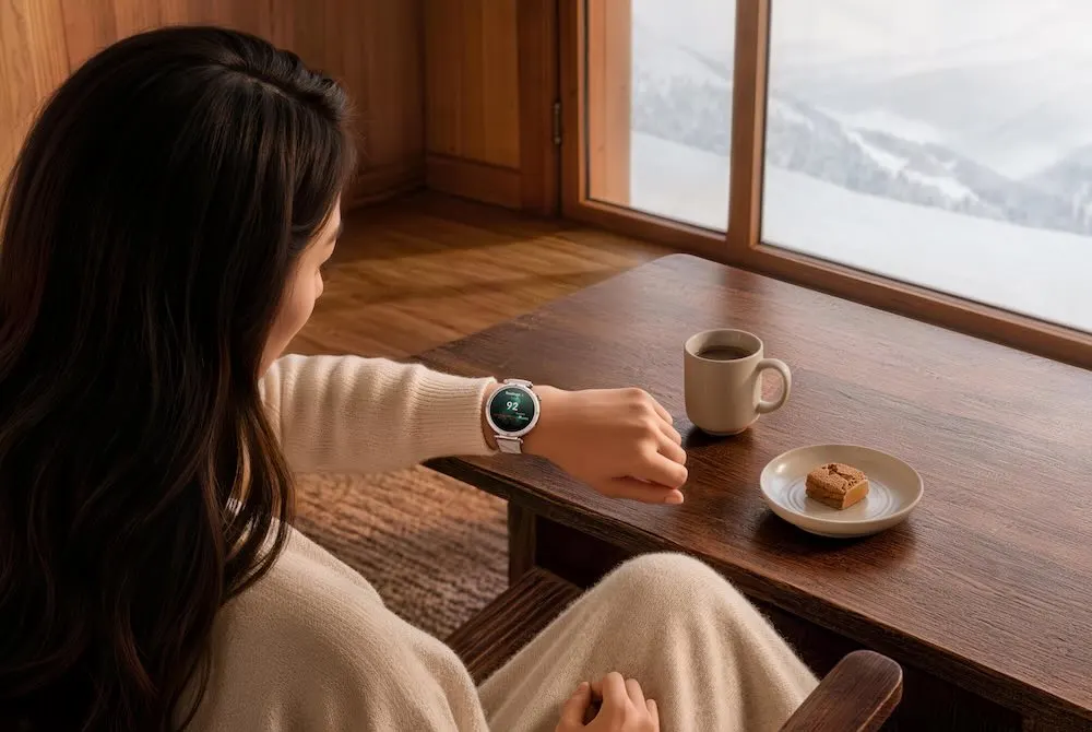 Eine Frau sitzt an einem niedrigen japanischen Tisch vor einem Fenster, das eine verschneite Landschaft freigibt. Sie blickt auf ihre Huawei Watch GT 7 am Handgelenk.
