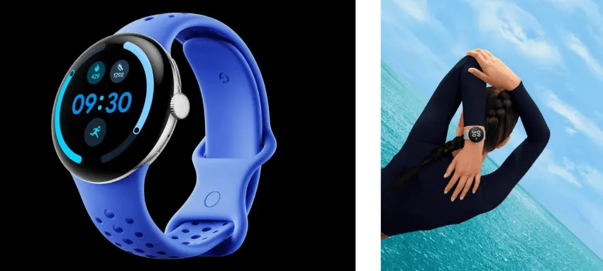 Links: Eine runde Smartwatch mit blauem Armband auf schwarzem Grund. Rechts: Person mit Zopf, die sich am Wasser streckt, trägt eine Smartwatch.
