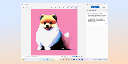 Ein Windows-Fenster zeigt ein pixeliges Bild eines Hundes vor einem rosa Hintergrund. Der Hund hat weiße, schwarze und orangefarbene Akzente.