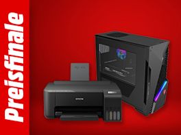 Bild mit rotem Hintergrund. Links steht: Preisfinale, daneben das Produktbild eines Druckers und eines PC Rechners.