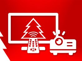 Weißes Piktogramm eines TV-Geräts mit Fernbedienung und eines Beamers vor weihnachtlich-rotem Hintergrund.