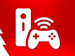 Weißes Piktogramm einer Konsole und eines Controllers vor weihnachtlich-rotem Hintergrund.