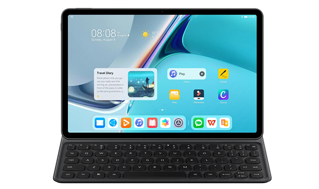 Auf dem Bildschirm eines Tablets ist ein hellblauer Hintergrund mit App-Symbolen und einer schwarzen Tastatur zu sehen.