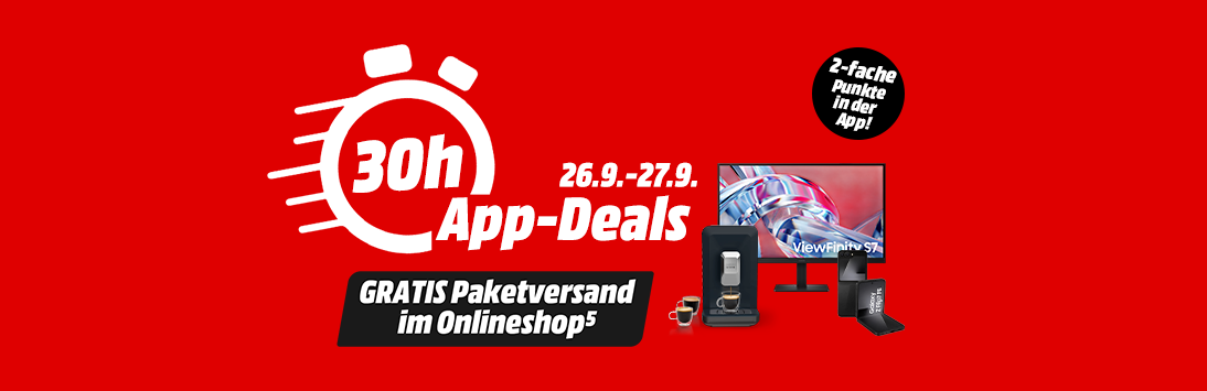 30h App-Deals. Gültig von 26.9.-27.9. Gratis Paketversand im Onlineshop. 2-fache Punkte in der App.