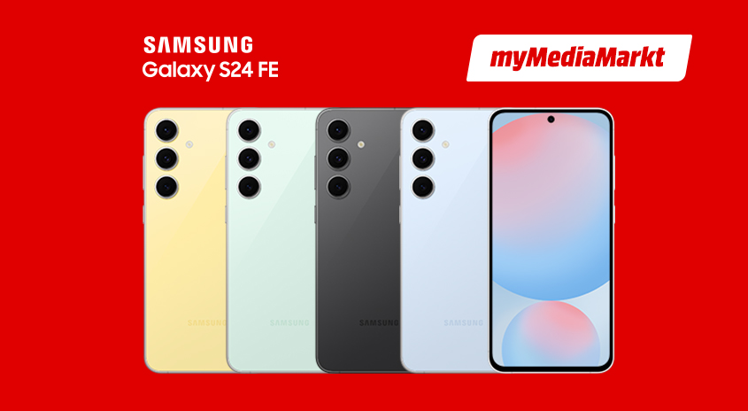 Fünf Samsung Galaxy S24 FE-Handys in Gelb, Grün, Grau und Weiß, mit MyMediaMarkt-Logo auf rotem Hintergrund.