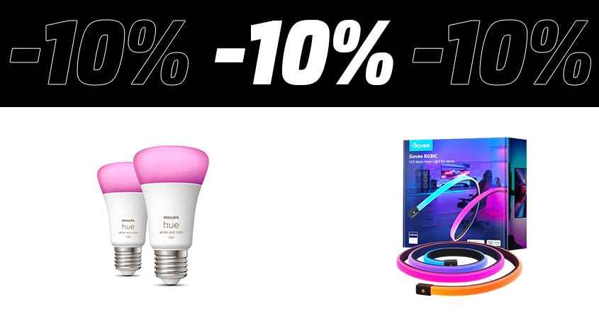 Banner mit -10 % Rabatt und smarten Lichtprodukten: zwei Philips Hue E27 LED-Lampen mit pinkem Licht und Govee RGBIC LED-Lichtstreifen in bunter Verpackung.
