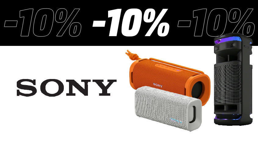 Bild mit schwarz-weißem Hintergrund. Im oberen Teil des Bildes steht -10%. Darunter sind zwei Bluetooth Speaker und ein Partyspeaker platziert. Links daneben befindet sich das Logo von Sony