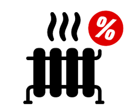 Schwarzes Symbol eines Heizstrahlers. Ein rotes Prozentzeichen auf dem Bild soll ein Hinweis auf Angebote im Bereich "Heizen & Luft" sein.