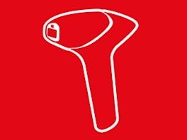 Bild mit rotem Hintergrund, darauf ein Piktogramm in weiß von einem Haarentfernungsgerät