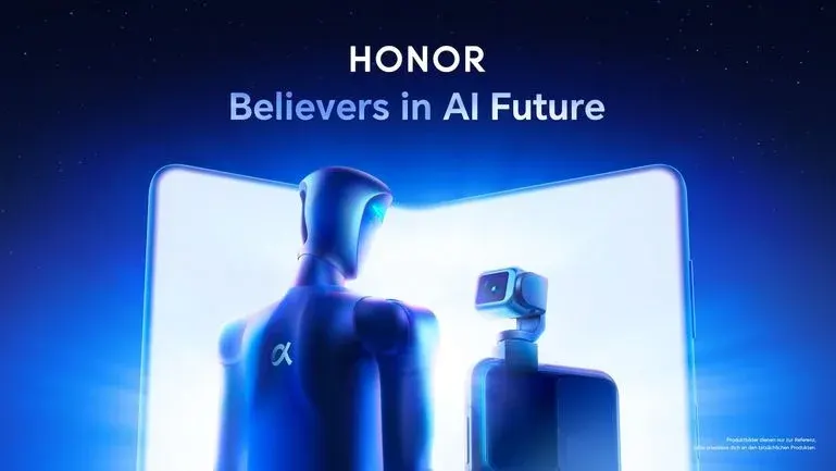 Marketingplakat mit einem Roboter, der ein Alphazeichen am Rücken trägt, rechts daneben das Robot-Phone und im Hintergrund das geöffnete Magic V6. Darüber der Schriftzug "Honor" und darunter "Belivers in AI Future".