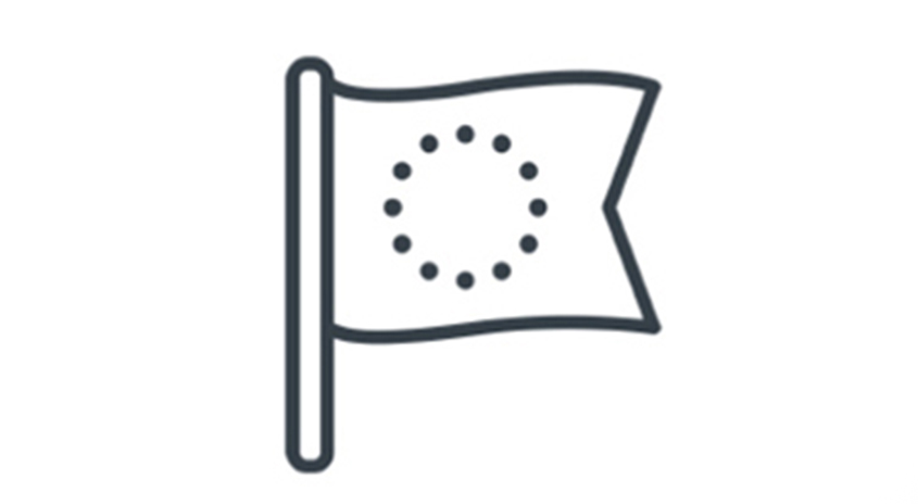 Eine schwarz-weiße Umrisszeichnung einer Fahne an einem Mast, mit einem Kreis aus Punkten auf der Fahne.