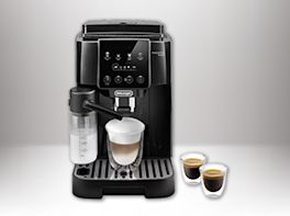 Produktbild eines Kaffeevollautomaten mit Milcheschäumer vor weiß-grauem Hintergrund.