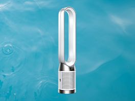 Ein Dyson Luftreiniger vor blauem Hintergrund.