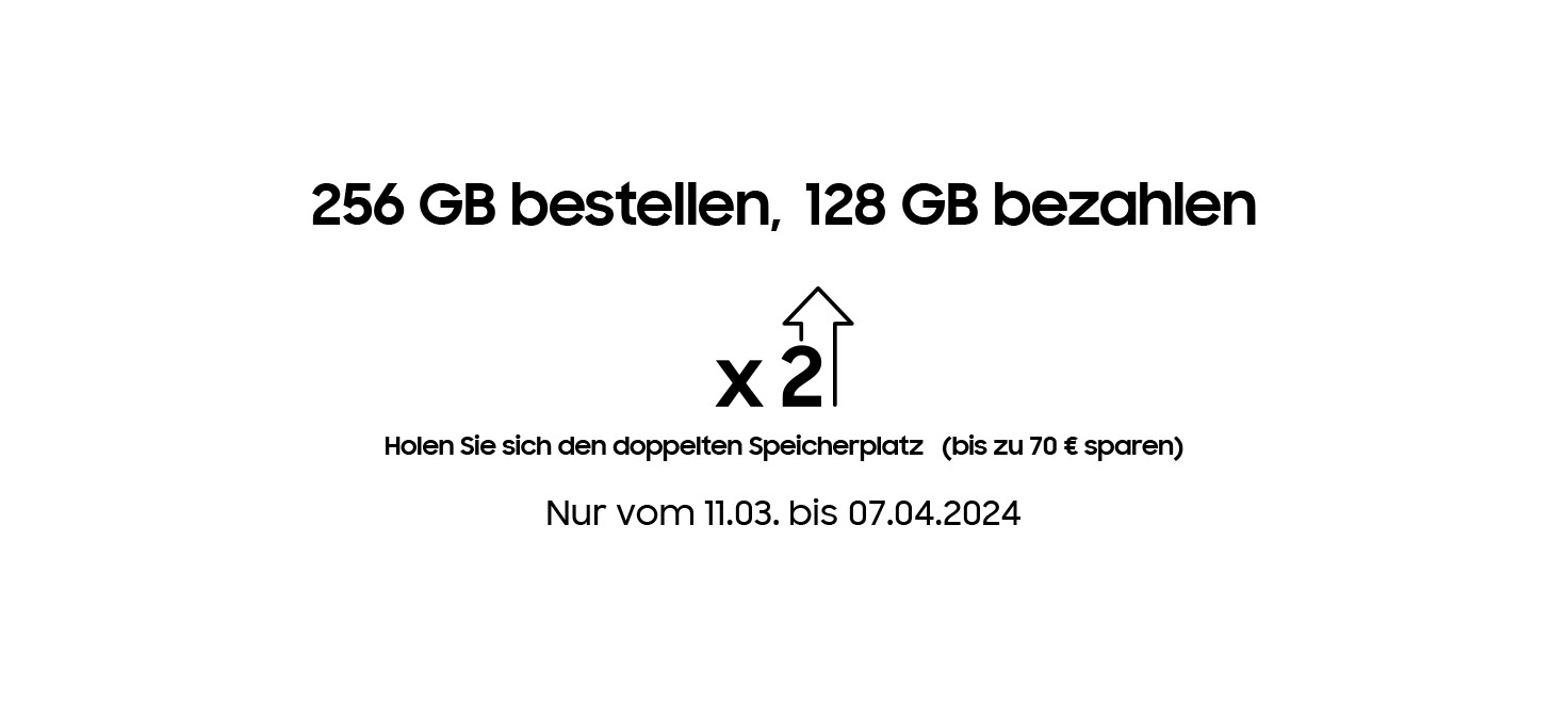 Text auf weißem Hintergrund kündigt an: "256 GB bestellen, 128 GB bezahlen", "x2", "Holen Sie sich doppelten Speicher (bis 70 € sparen)", Gültig 11.03. bis 07.04.2024.