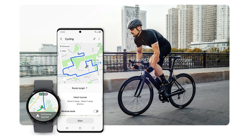 Ein Mann fährt Rad vor Hochhäusern. Smartwatch und Smartphone zeigen eine Radfahr-App mit Streckenverlauf an.