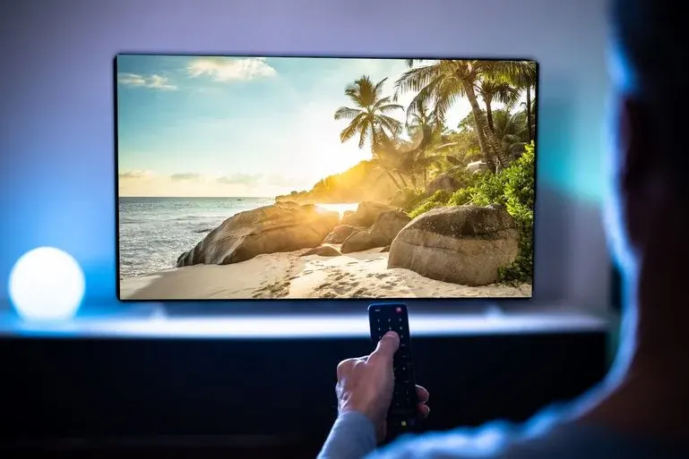 Eine Person hält eine Fernbedienung vor einem TV, der einen sonnigen Strand mit Felsen, Palmen und Meer zeigt.