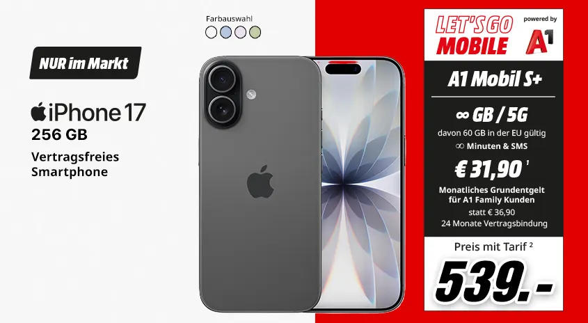iPhone 17, 256 GB, verschiedene Farben, vertragsfrei im Markt, mit Let's Go Mobile powered by A1 Mobil S+ Tarif um € 539,-