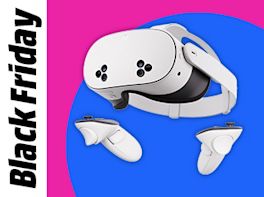 Eine VR-Brille vor farbigem Kreis in Pink und Blau. Links im Bild steht: Black Friday.