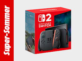 Produktbild einer Nintendo Switch 2 Konsole. Links befindet sich ein roter Balken mit der weißen Aufschrift „Super Sommer“.