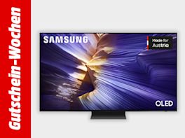 Werbebanner zu den Gutschein-Wochen mit einem TV vor grauem Hintergrund