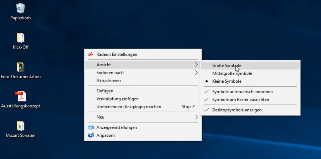 Menue auf dem Windows-Desktop mit ausgewaehlter Option zur Anzeige grosser Symb