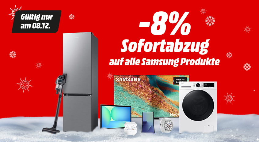 Minus 8 Prozent Sofortabzug auf alle Samsung Produkte. roter Hintergrund. Nur im Markt und nur am 8.12. gültig.