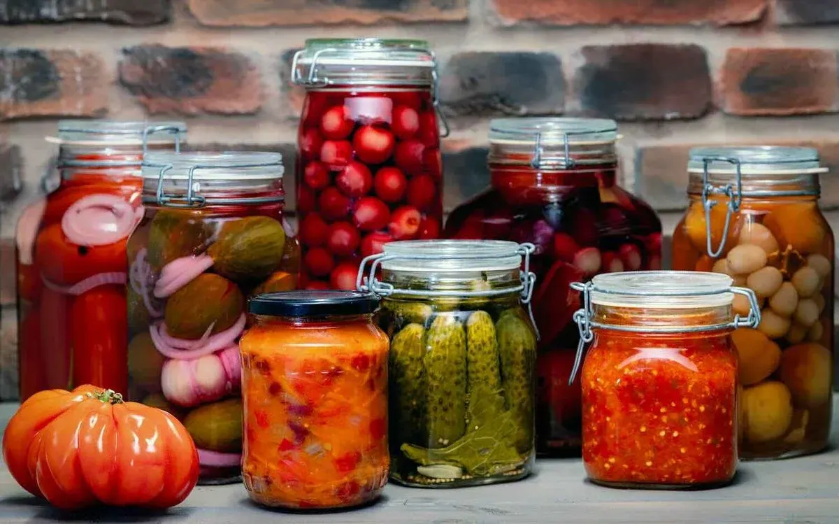 Mehrere Einmachgläser mit eingelegtem Gemüse – Gurken, Tomaten, Paprika und Zwiebeln – vor einer Backsteinwand, daneben eine frische Tomate.