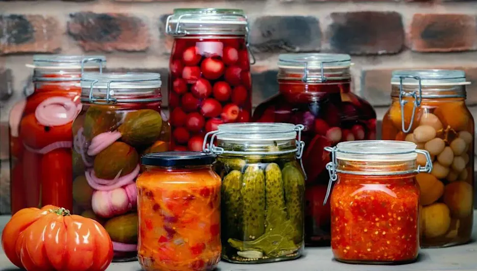 Mehrere Einmachgläser mit eingelegtem Gemüse – Gurken, Tomaten, Paprika und Zwiebeln – vor einer Backsteinwand, daneben eine frische Tomate.