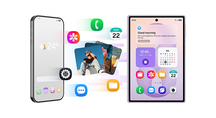 Symbolische Datenübertragung von Fotos und Apps von einem Smartphone auf ein Samsung Galaxy Foldable.