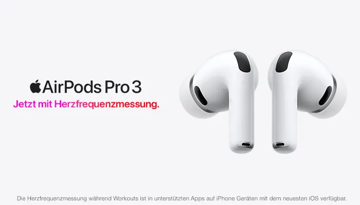 AirPods Pro 3. Jetzt mit Herzfrequenzmessung. Die Herzfrequenzmessung während Workouts ist in unterstützten Apps auf iPhone Geräten mit neuesten iOS verfügbar.