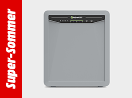 Produktbild eines grauen Batteriespeichers vor hellem Hintergrund. Links steht in einem roten vertikalen Balken der weiße Schriftzug „Super Sommer“