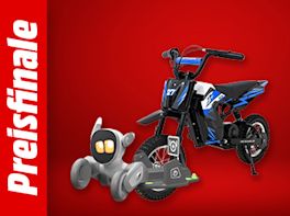Bild mit rotem Hintergrund. Links steht: Preisfinale, daneben das Produktbild Kindermopeds und eines Robotdog.
