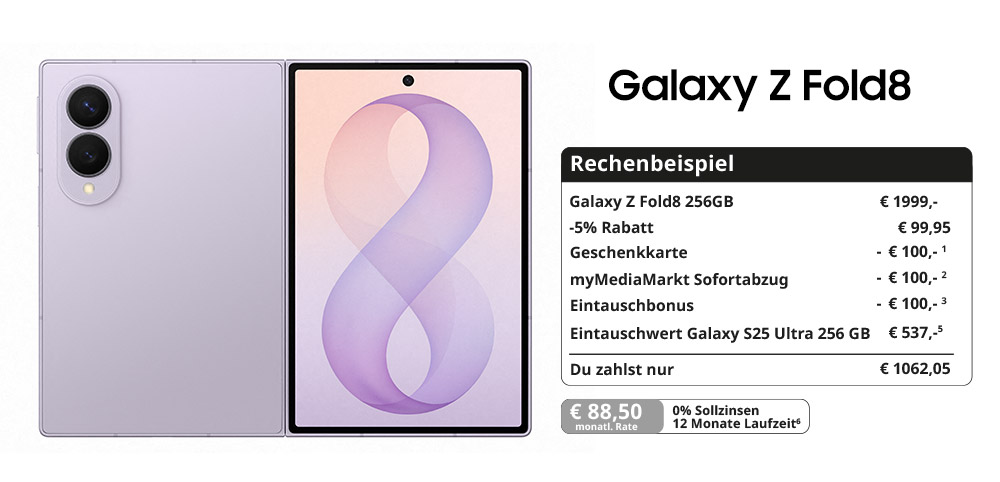 Galaxy Z Fold8 in Lavendel , aufgeklappt; rechts Rechenbeispiel mit Preisvorteilen und 0 % Finanzierung.
